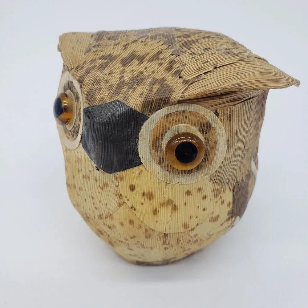 Japanese Wooden Tree Bark Crafted Owl‎ Bank Fukuro Statue Lucky Figure